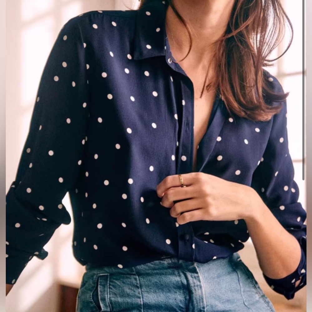 NWT Sezane Ann Shirt Navy Polka Dot Size 2